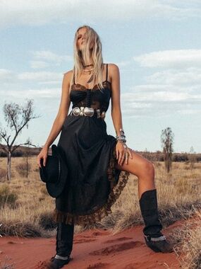 Chasing Unicorns Take The Long Way Home Silk and Lace Slip Dress Black Small